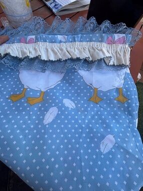 Curtains: 1980 s geese with 1960 s ruffled ribbon I added. NOT PERFECT 😍